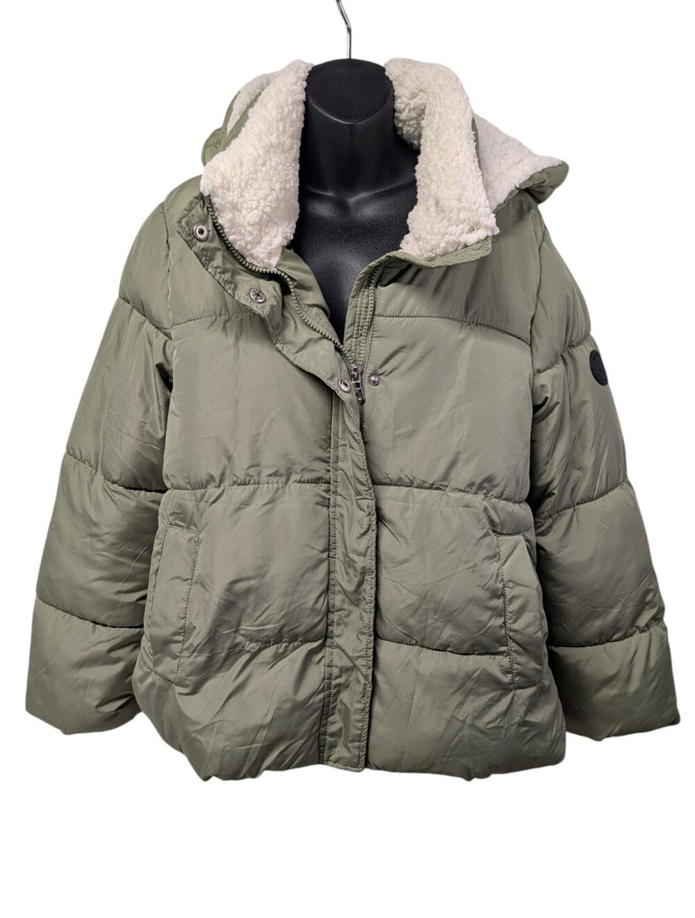 Madden Girl Women's Green Hooded Puffer Jacket Size L Faux Fur Lined Pockets